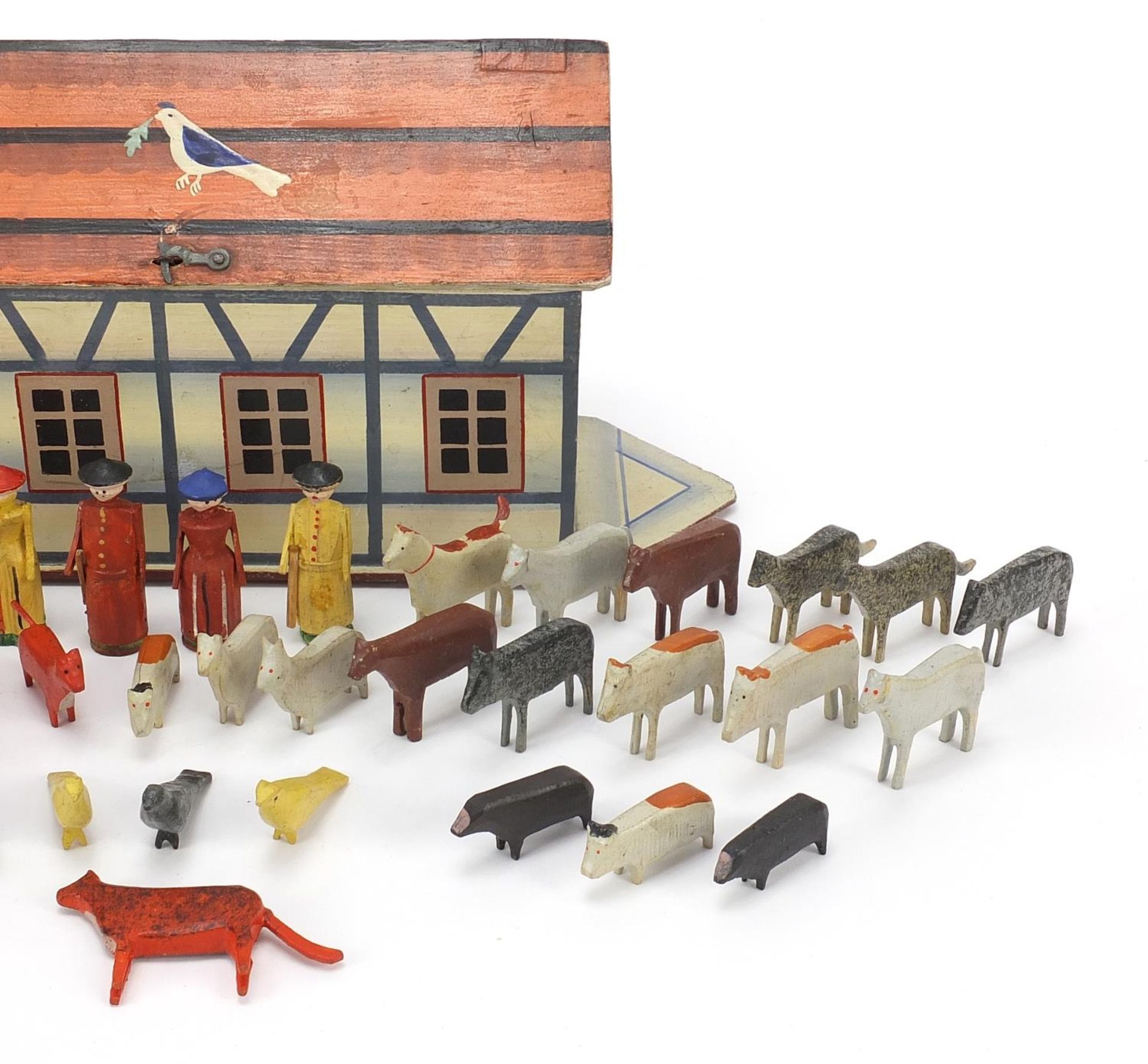 Old wooden Noah's ark with carved woodens animals including horses, 33cm in length - Image 3 of 5