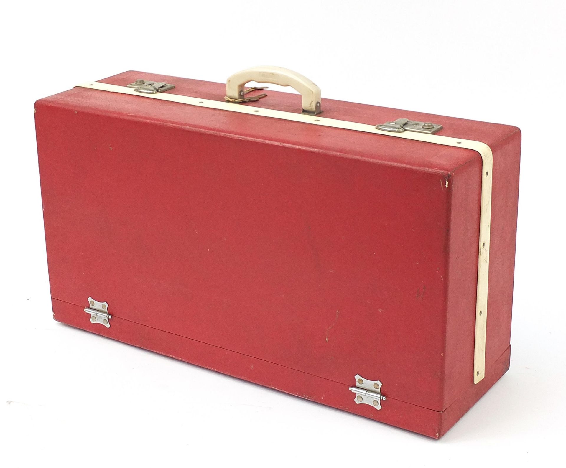 Large red Brexton picnic hamper retailed by Harrods of London, the hamper comprising Thermos flasks, - Image 7 of 8