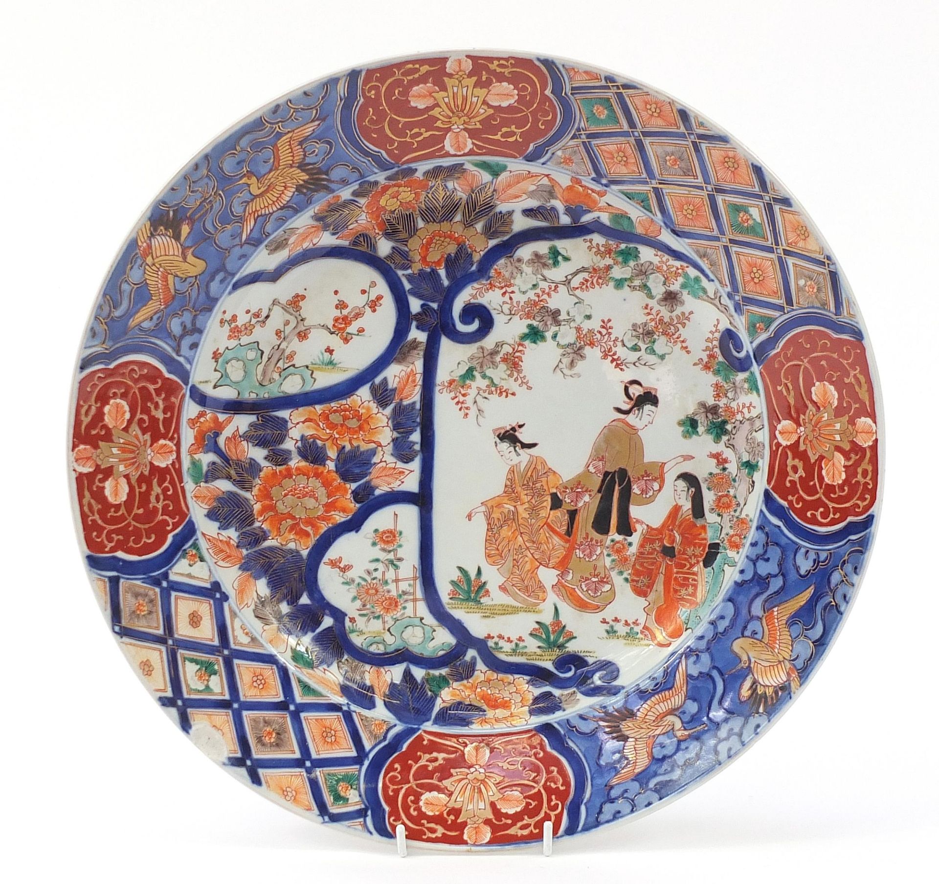 Japanese Imari porcelain charger hand painted with figures, birds and flowers, 41cm in diameter
