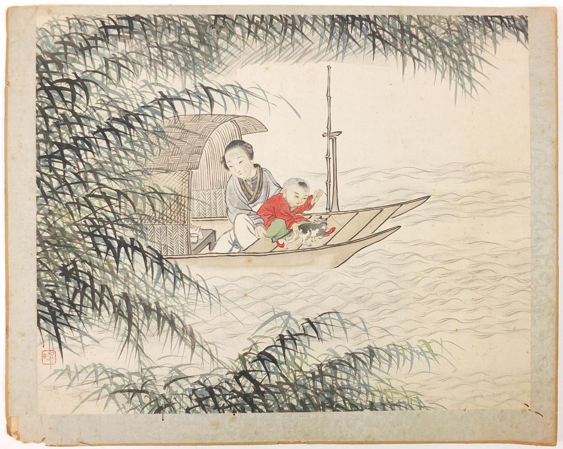 Five Chinese watercolours on paper including figures beside pagodas and figures in a boat, unframed, - Image 3 of 18