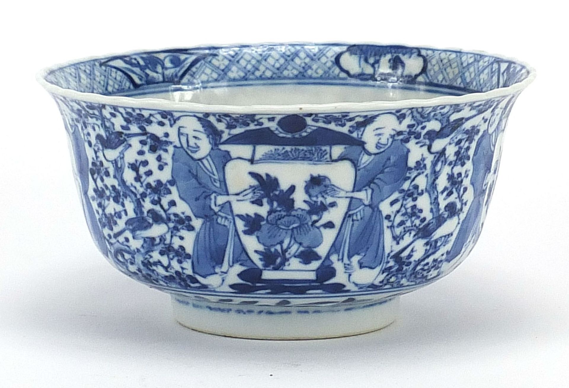 Chinese blue and white porcelain bowl, hand painted with figures holding vases and birds amongst - Image 5 of 9