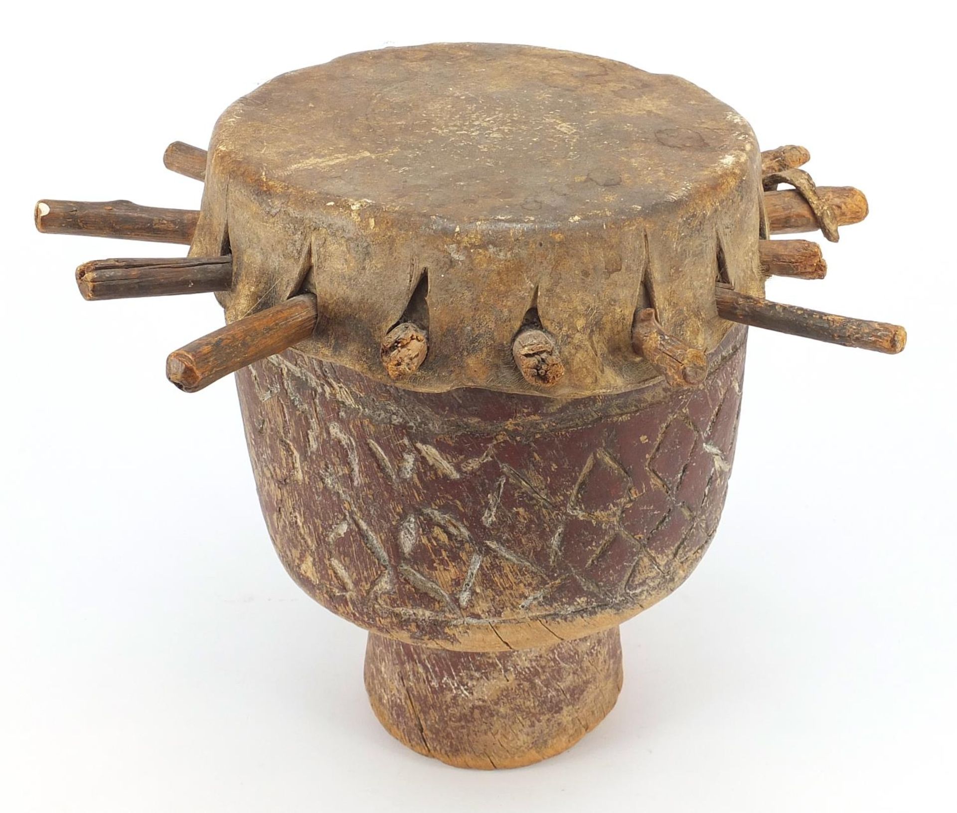 Tribal interest drum carved with geometric motifs, 29cm high - Image 2 of 4