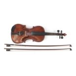 Old wooden violin with two bows and protective case, the violin back 14 inches in length, one violin