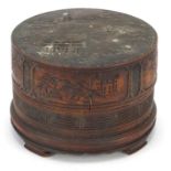 Chinese cylindrical bamboo box and cover finely carved with a landscape, 11.5cm high x 16.5cm in