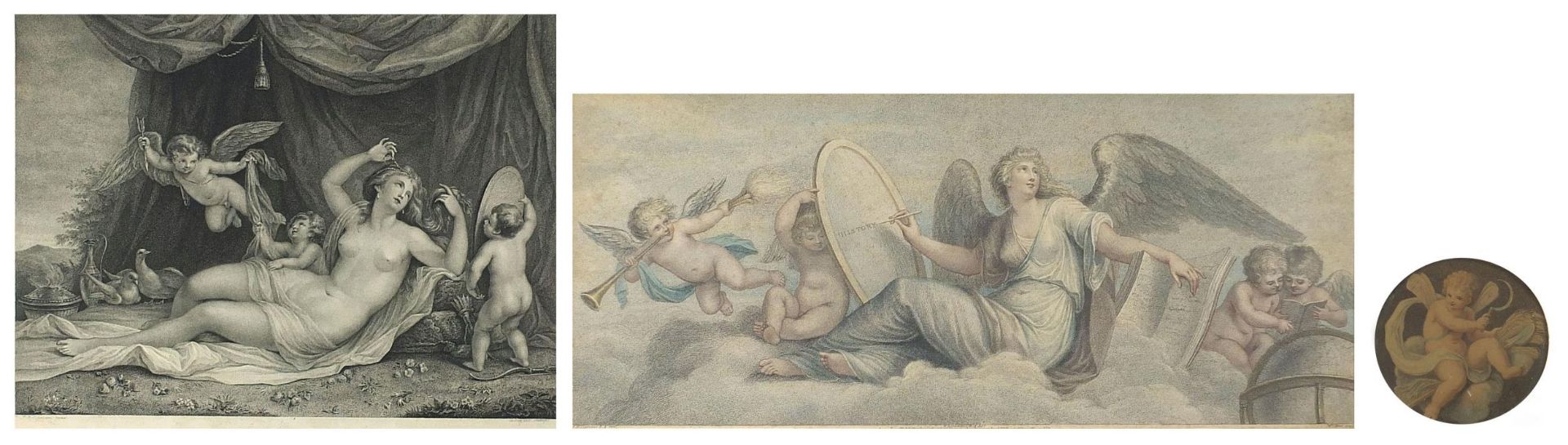 Three classical engravings of angels and Putti including one by Francesco Bartolozzi, framed and