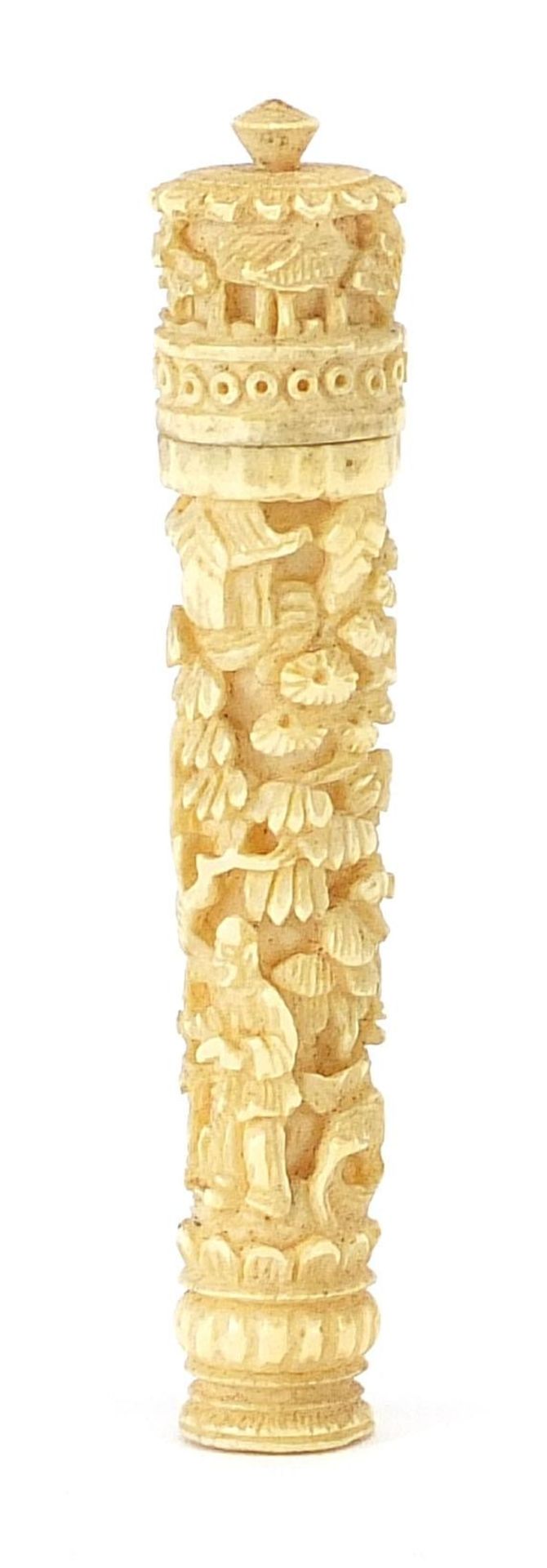 Chinese carved ivory needle case carved with figures amongst foliage and trees, housed in a - Image 4 of 9