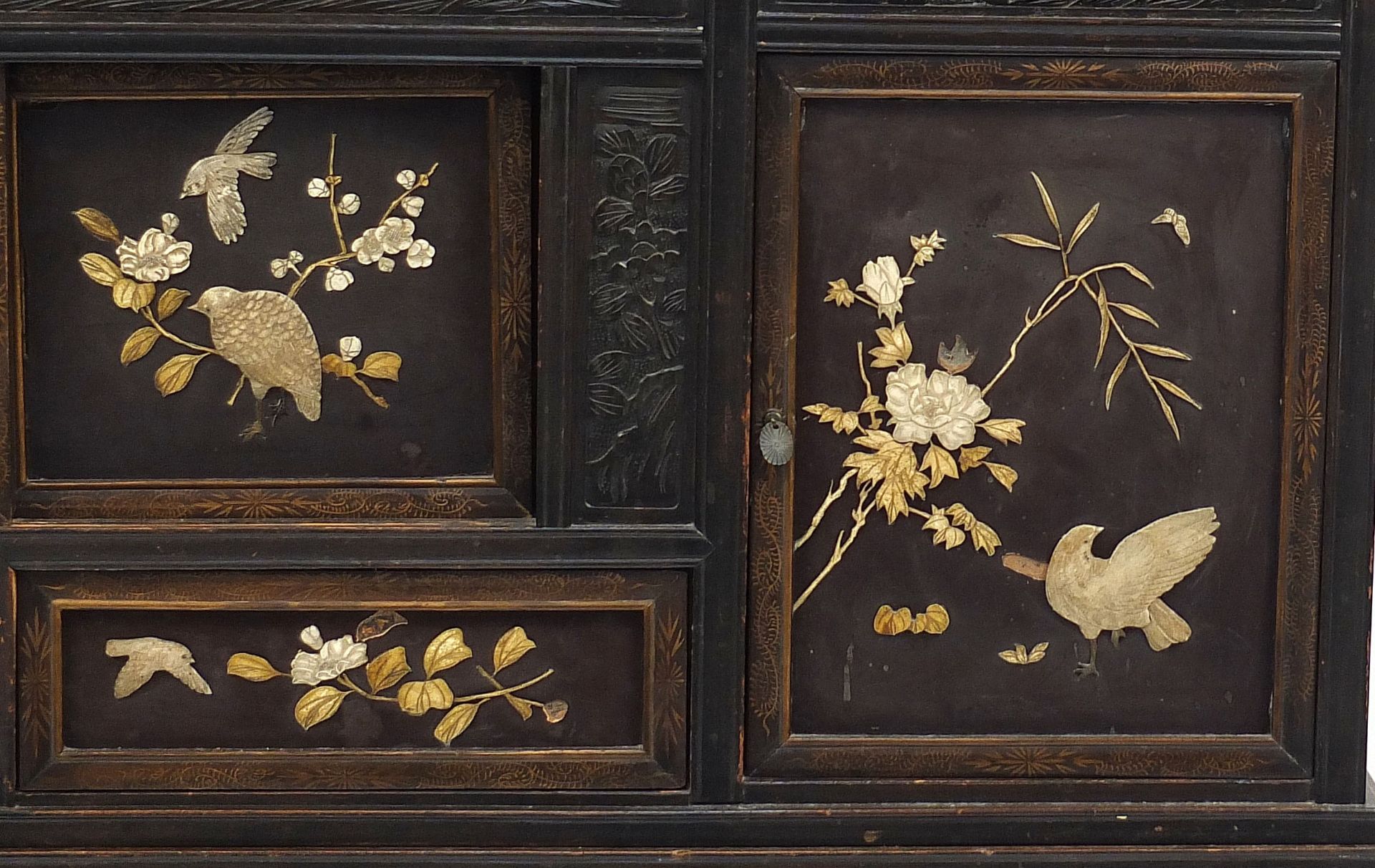 Japanese carved hardwood Shibayama cabinet inlaid with birds amongst flowers and figures, 188cm H - Image 6 of 8
