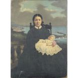 Mother and child before a landscape, 19th century oil on canvas, indistinctly inscribed verso,