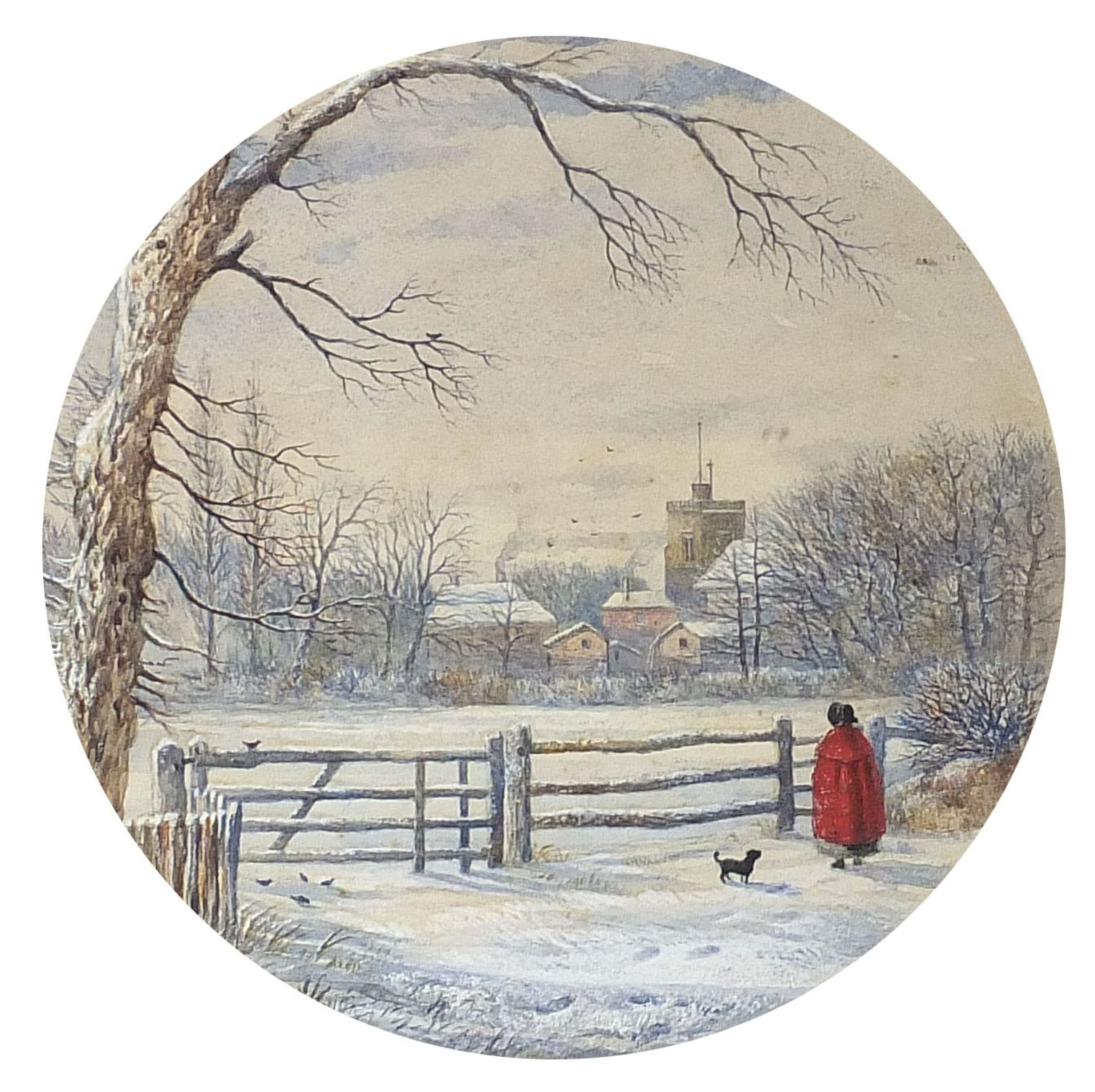 Figure and dog before a church, 19th century circular watercolour, mounted, framed and glazed,