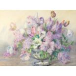 Marion L Broom - Still life flowers, 20th century watercolour, Harrods Ltd label verso, mounted,