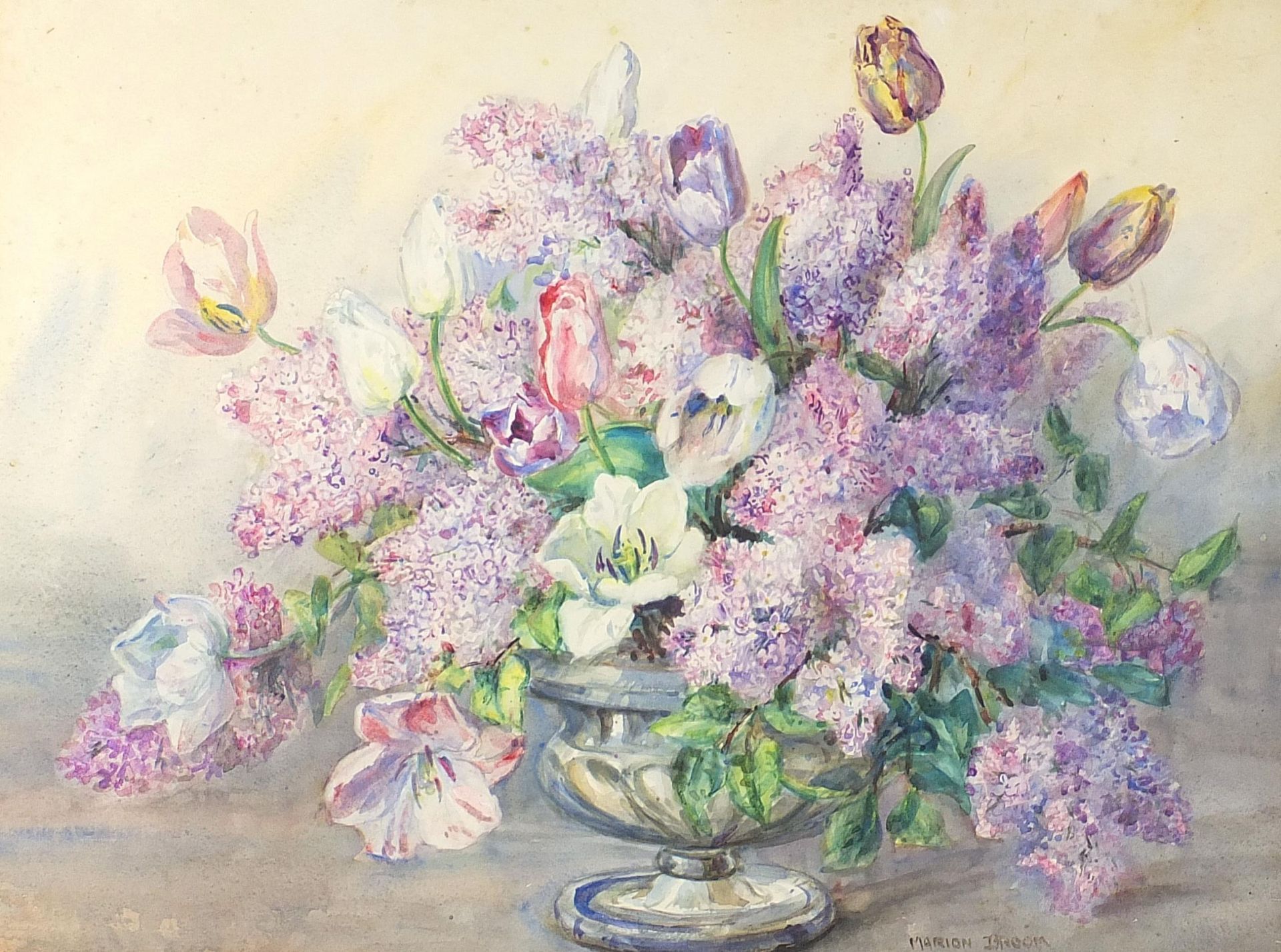 Marion L Broom - Still life flowers, 20th century watercolour, Harrods Ltd label verso, mounted,