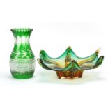 Galway green flashed glass vase and a Murano glass star shaped dish, the largest 31cm in diameter