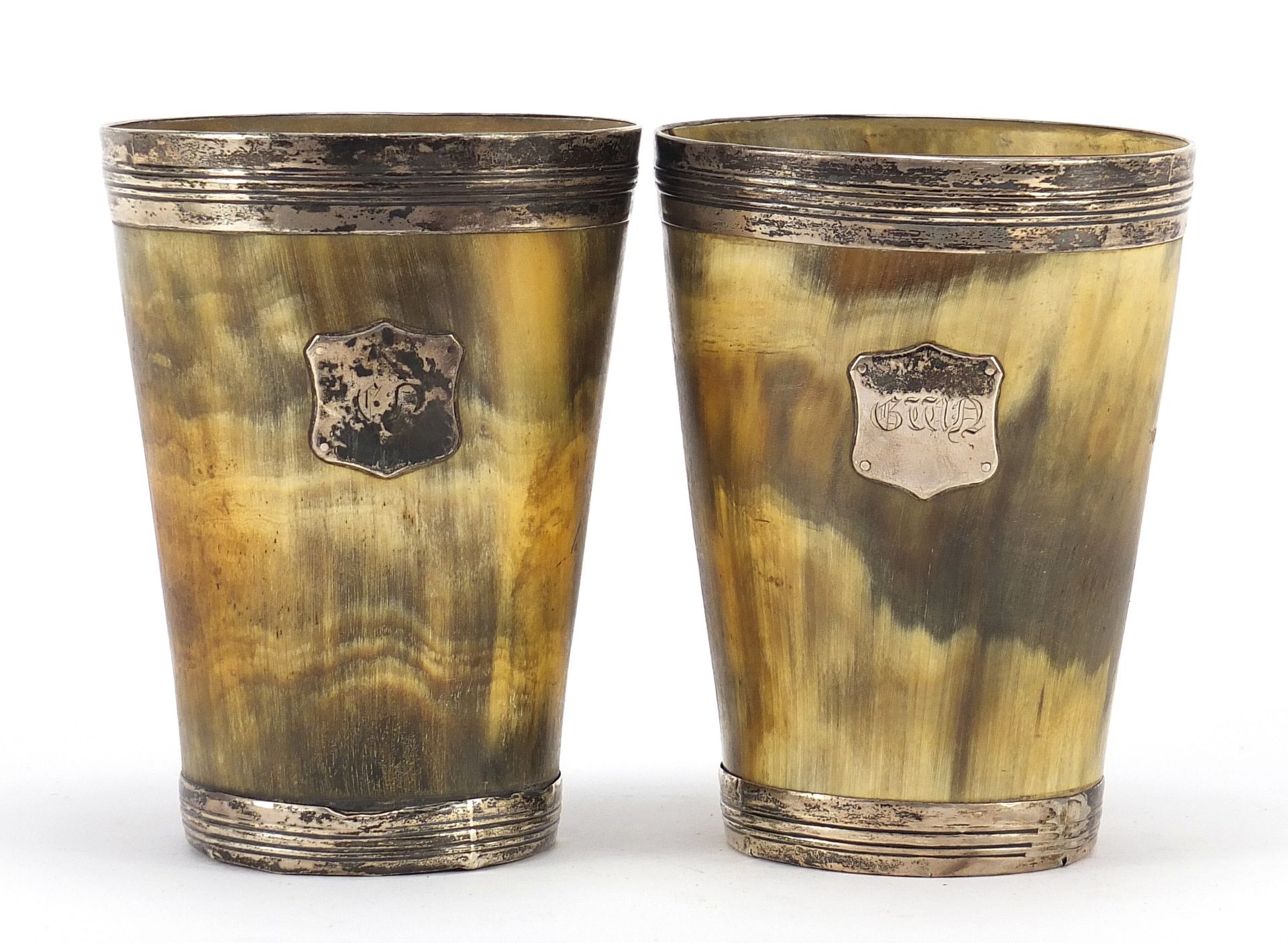 Pair of 19th century Scottish horn beakers with silver mounts, each 12.5cm high - Image 2 of 3