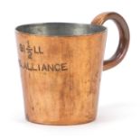 Naval interest copper HMS Alliance half gill rum tot, marks to the base, 5cm high