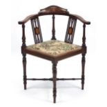 Edwardian mahogany corner chair with X stretcher and embroidered seat, 76cm high