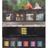 Royal Mail presentation packs arranged in an album, various denominations and genres
