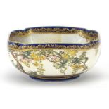 Japanese Satsuma pottery bowl hand painted with two Mandarin ducks, impressed and painted Kinkozan