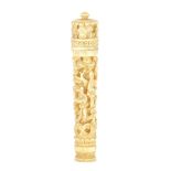 Chinese carved ivory needle case carved with figures amongst foliage and trees, housed in a