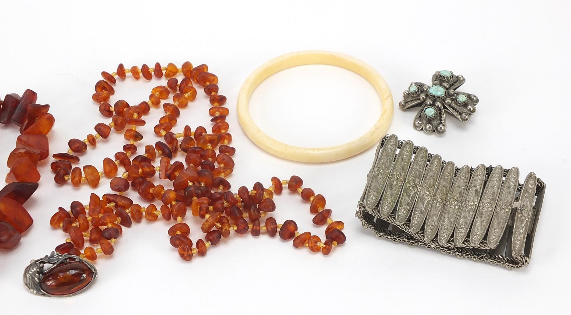 Costume jewellery including natural amber necklaces, ivory bangle and a silver and natural amber - Image 3 of 3