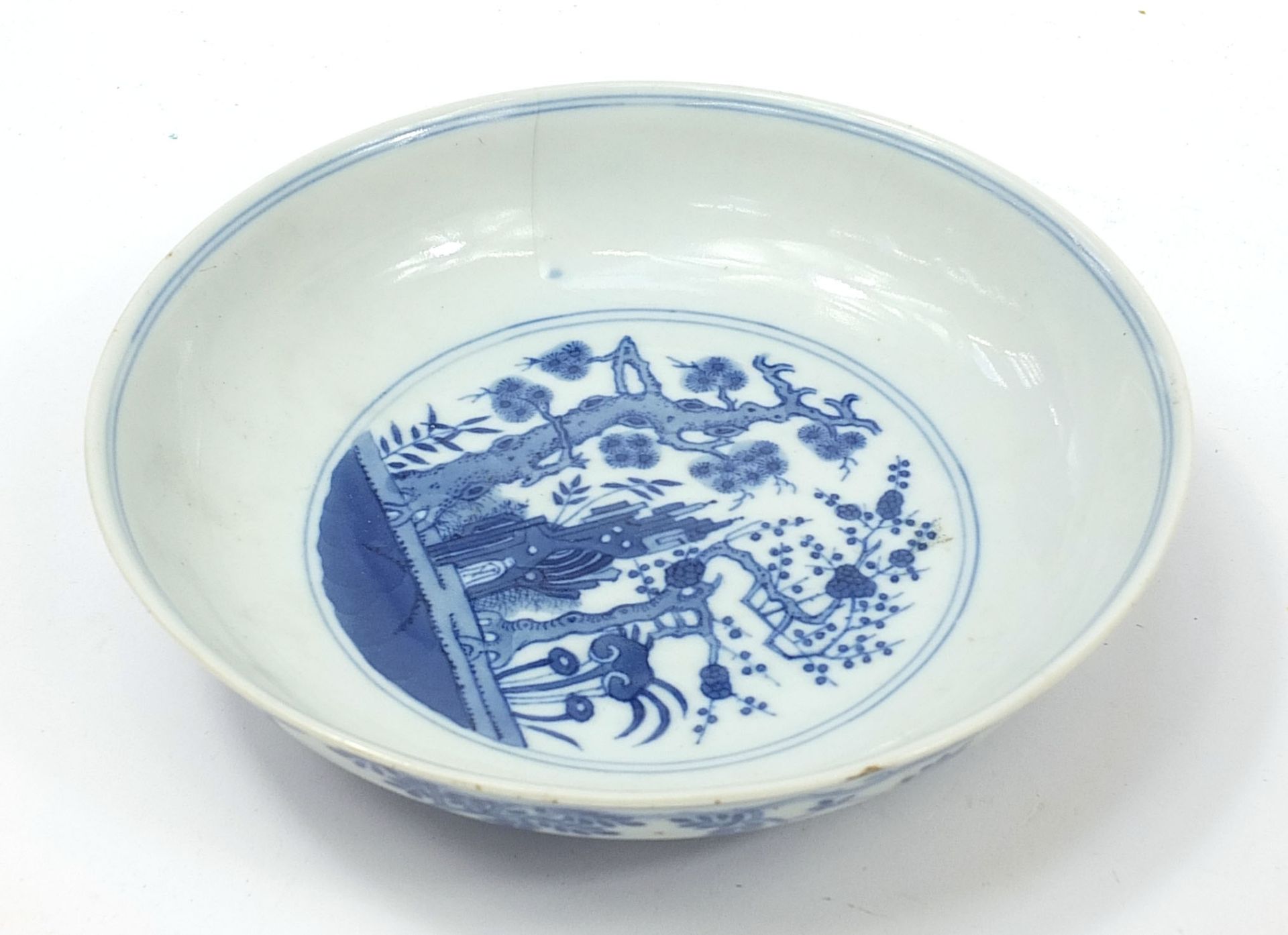 Chinese blue and white porcelain dish hand painted with flowers and figures in a palace setting, six - Image 6 of 10