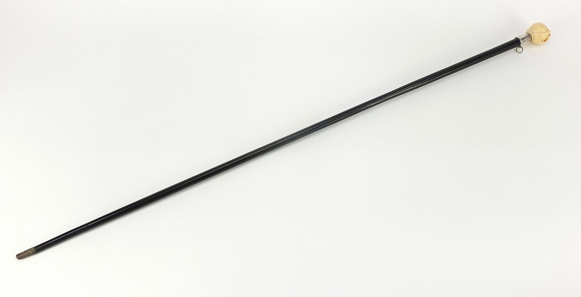 Ebony walking stick with carved silver pommel being in the form of a hand holding a ball, 90cm in - Image 3 of 8