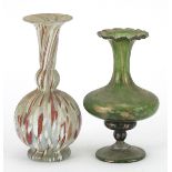 Two Antique hand blown glass vases, one with green and gilt decoration, the other having red and