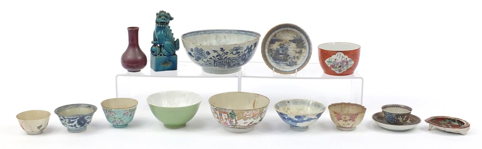 Chinese porcelain including a celadon glazed bowl and sang de boeuf vase, the largest 20.5cm in