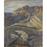 Continental landscape with bridge, oil on canvas, unframed, 64.5cm x 54cm