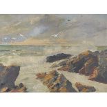 Rocky coastal scene with seagulls, oil on canvas, framed, 59cm x 44cm excluding the frame