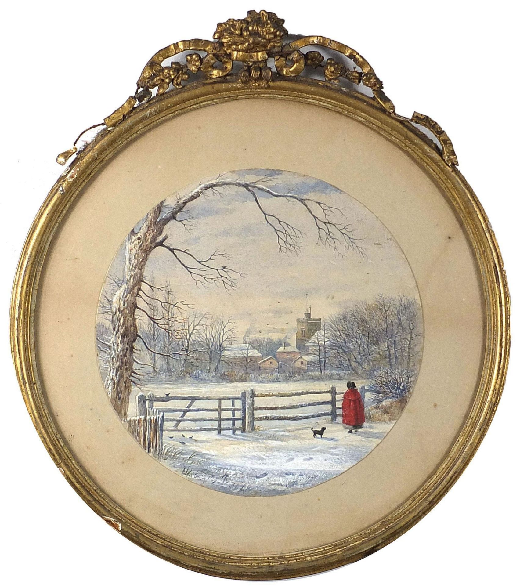 Figure and dog before a church, 19th century circular watercolour, mounted, framed and glazed, - Image 2 of 3