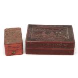 Two Chinese rectangular cinnabar lacquer boxes and covers comprising one carved with three females
