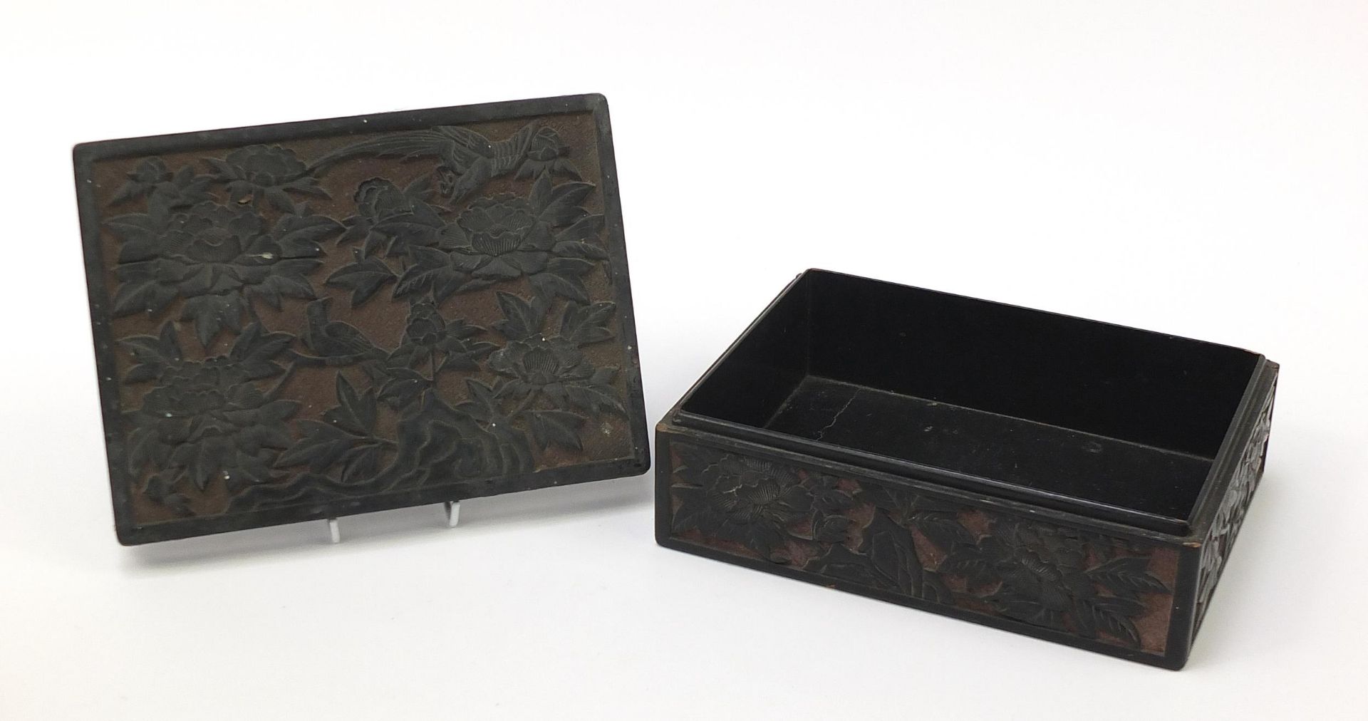 Chinese cinnabar lacquer box and cover carved with birds amongst flowers, 10.5cm H x 29cm W x 21.5cm - Image 7 of 8