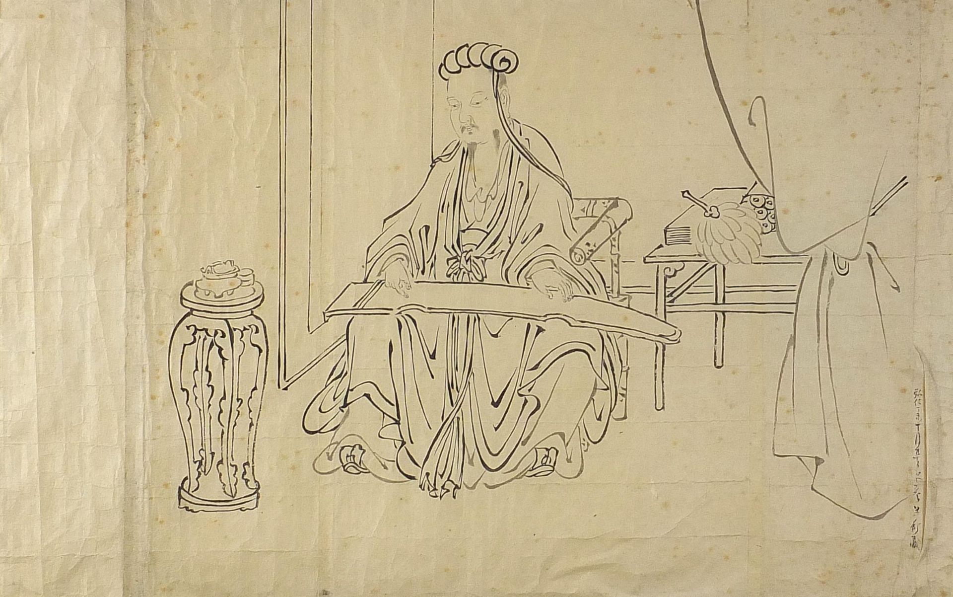 Emperor in an interior, Chinese ink on paper with character marks, mounted, unframed, 60.5cm x 37.