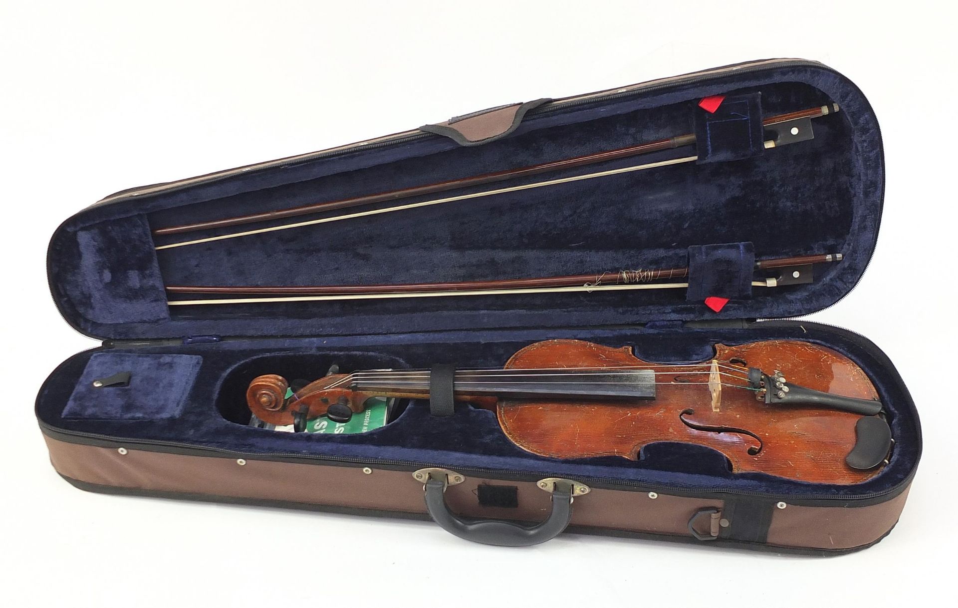 Old wooden violin with two bows and protective case, the violin back 14 inches in length, one violin - Image 10 of 11