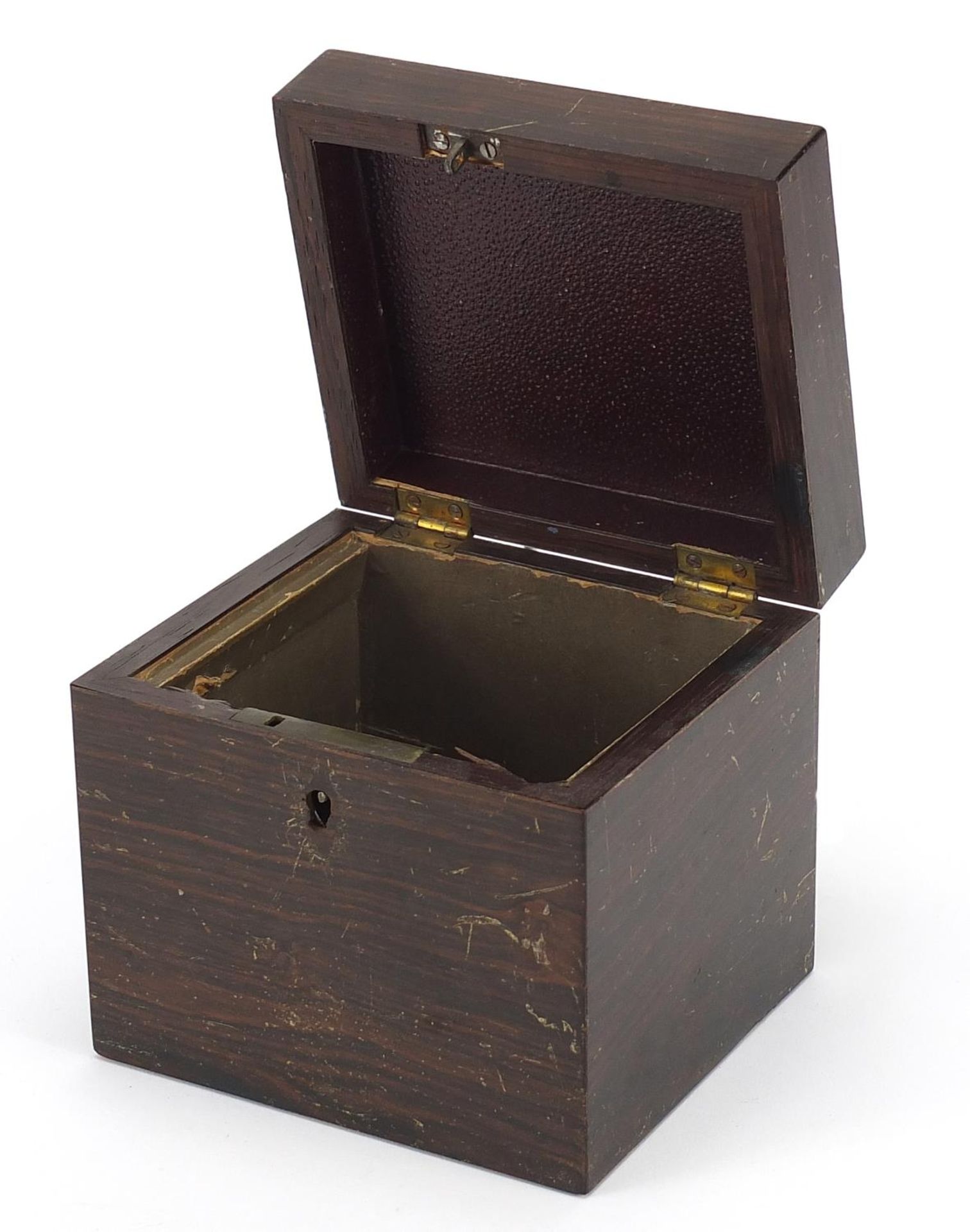 Victorian Tunbridge ware rosewood tea caddy with hinged lid having a floral inlay, 12cm H x 12cm W x - Image 2 of 4