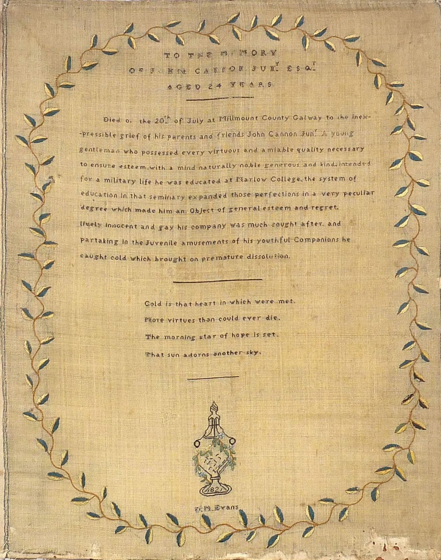 Early 19th century embroidered mourning sampler for John Cannon, unframed, 44cm x 34.5cm