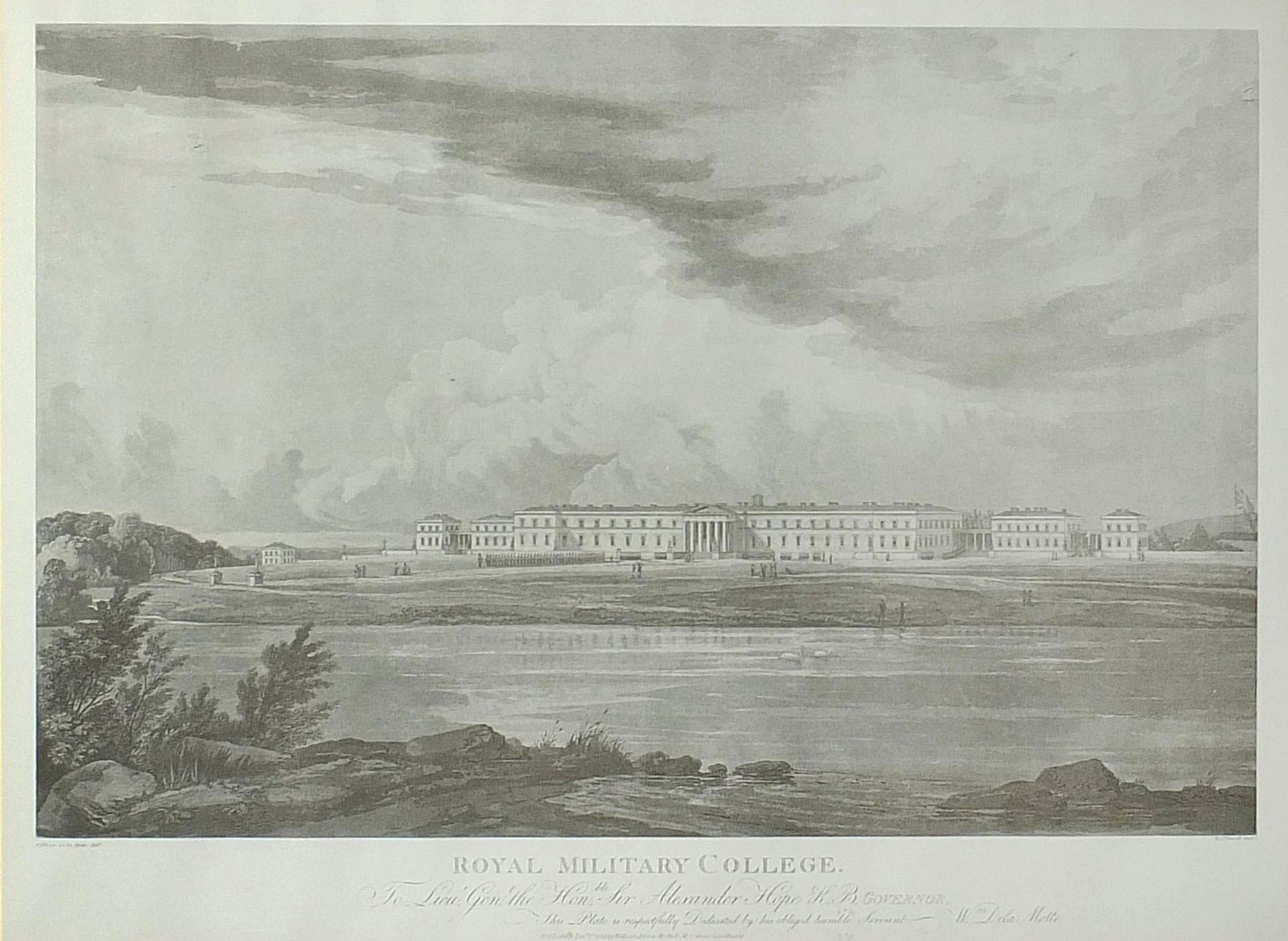 Royal Military College, 19th century print, applied plaque to the mount, mounted, framed and glazed,