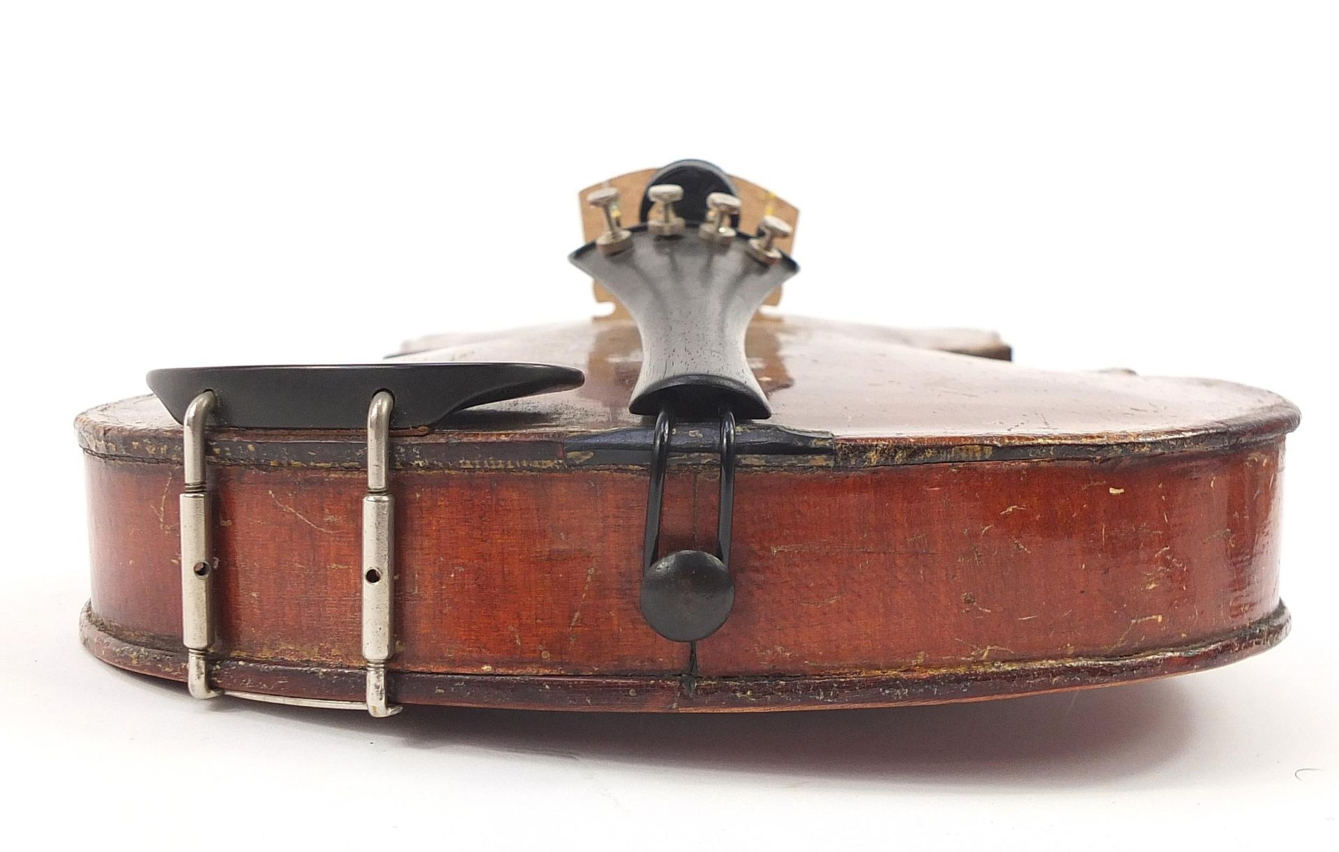 Old wooden violin with two bows and protective case, the violin back 14 inches in length, one violin - Image 6 of 11