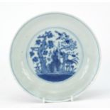 Chinese blue and white porcelain dish hand painted with flowers and figures in a palace setting, six