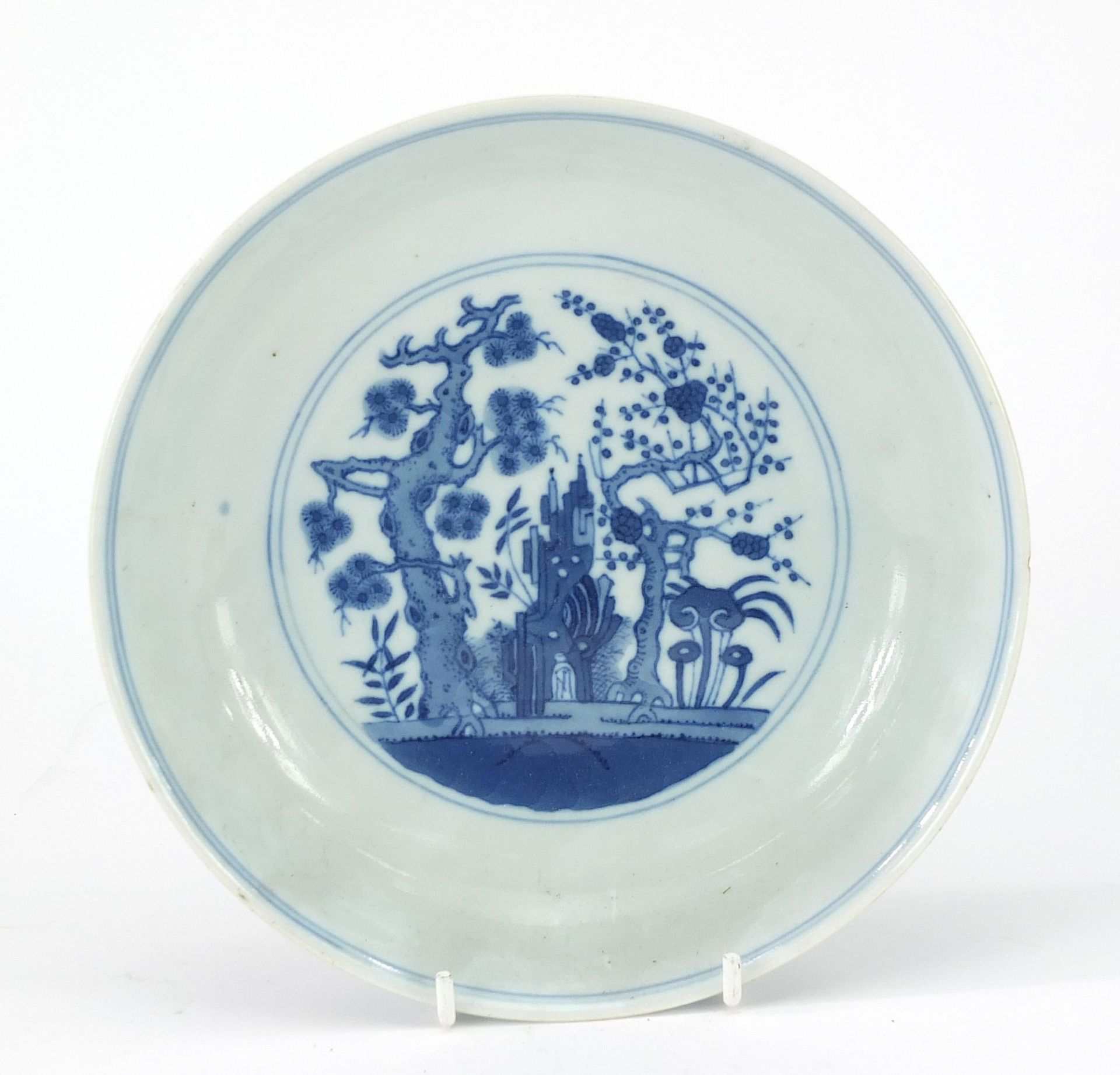 Chinese blue and white porcelain dish hand painted with flowers and figures in a palace setting, six