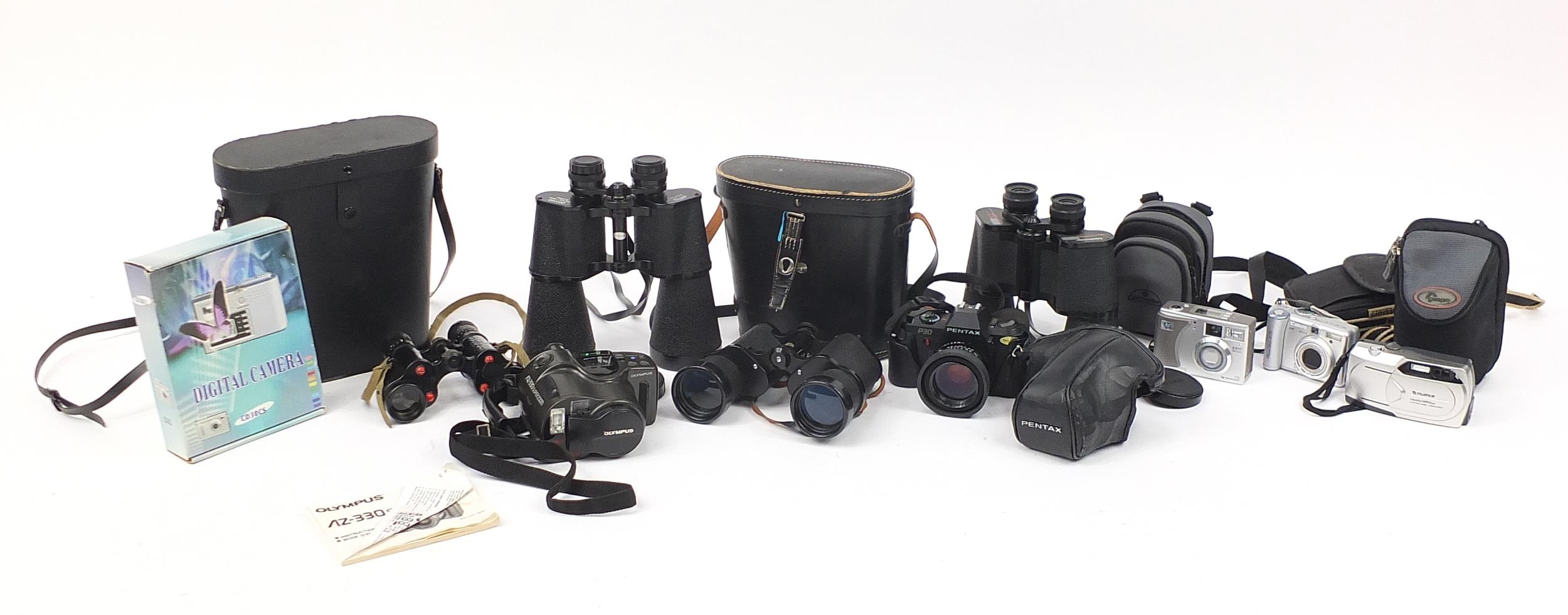 Cameras, binoculars and accessories to include Olympus AZ330 Super Zoom, Pentax P30 fitted with 50ml