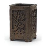 Chinese brush pot carved with panels of flowers, 14cm high