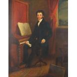 Full length portrait of a seated gentleman beside a piano, early 19th century oil on canvas, mounted