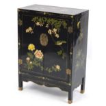 Chinese black lacquered side cabinet hand painted with birds amongst flowers, 79cm H x 56cm W x 29cm