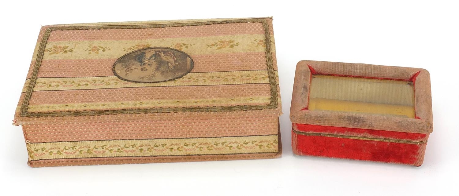 Two 19th century boxes, one with pink and white floral stripes, the smaller one has a glass bevelled - Image 2 of 3