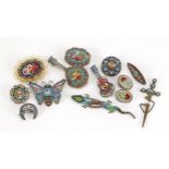 Group of Italian antique and later micro mosaic jewellery including a sword in a sheath, mandolin