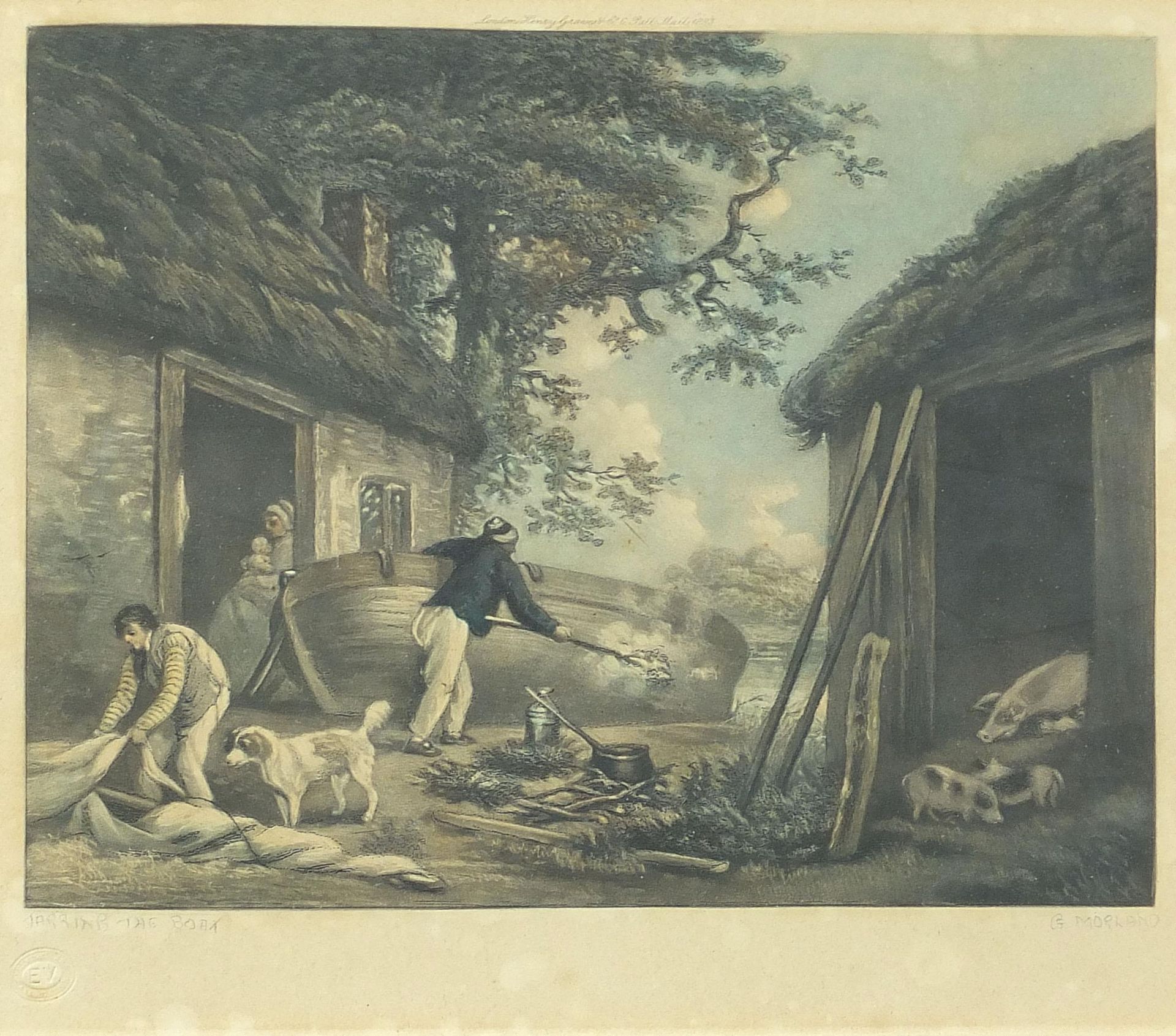 George Morland - Tarring the boat and figures before a barn, pair of prints in colour, one pencil - Image 2 of 12