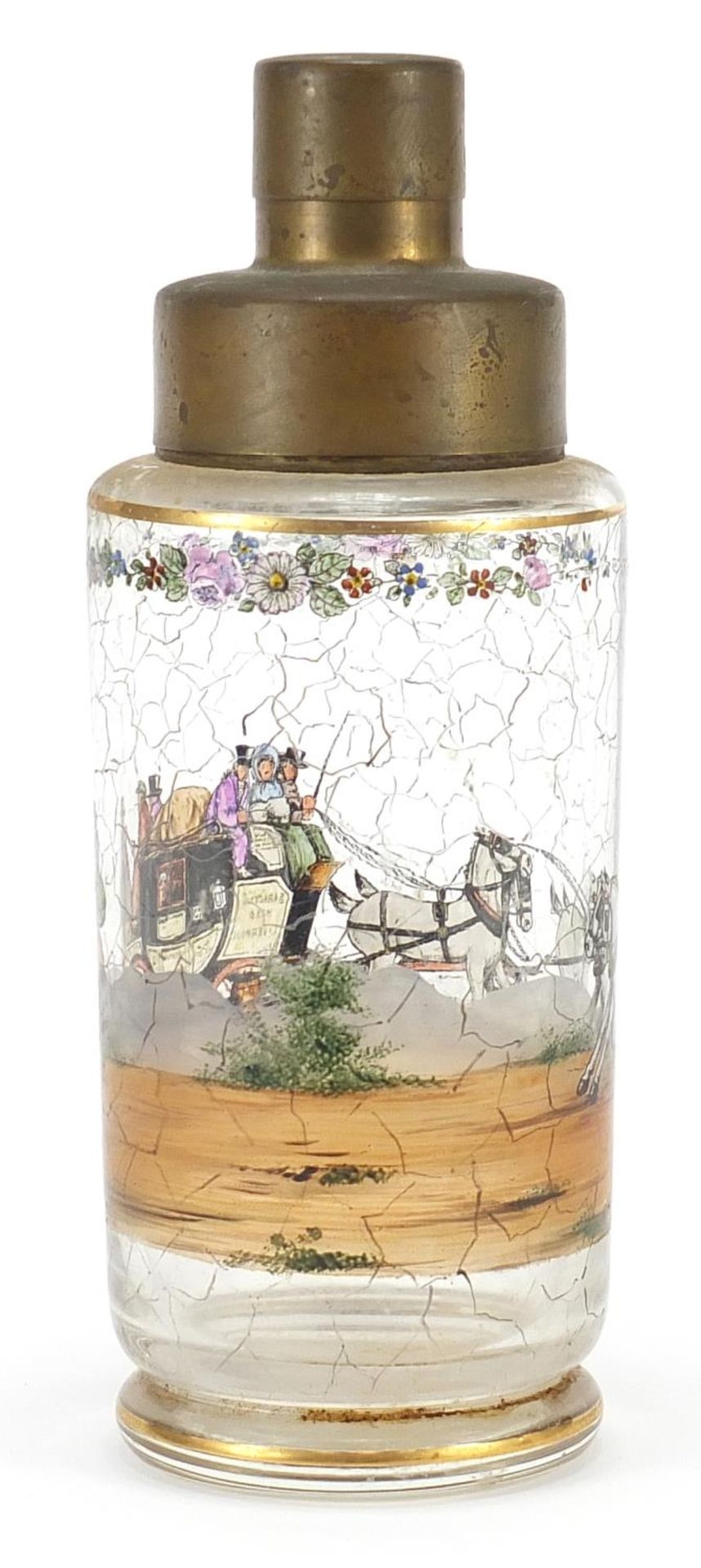 Early 20th century glass cocktail shaker having a picture of a four horse drawn carriage, the shaker - Image 2 of 3
