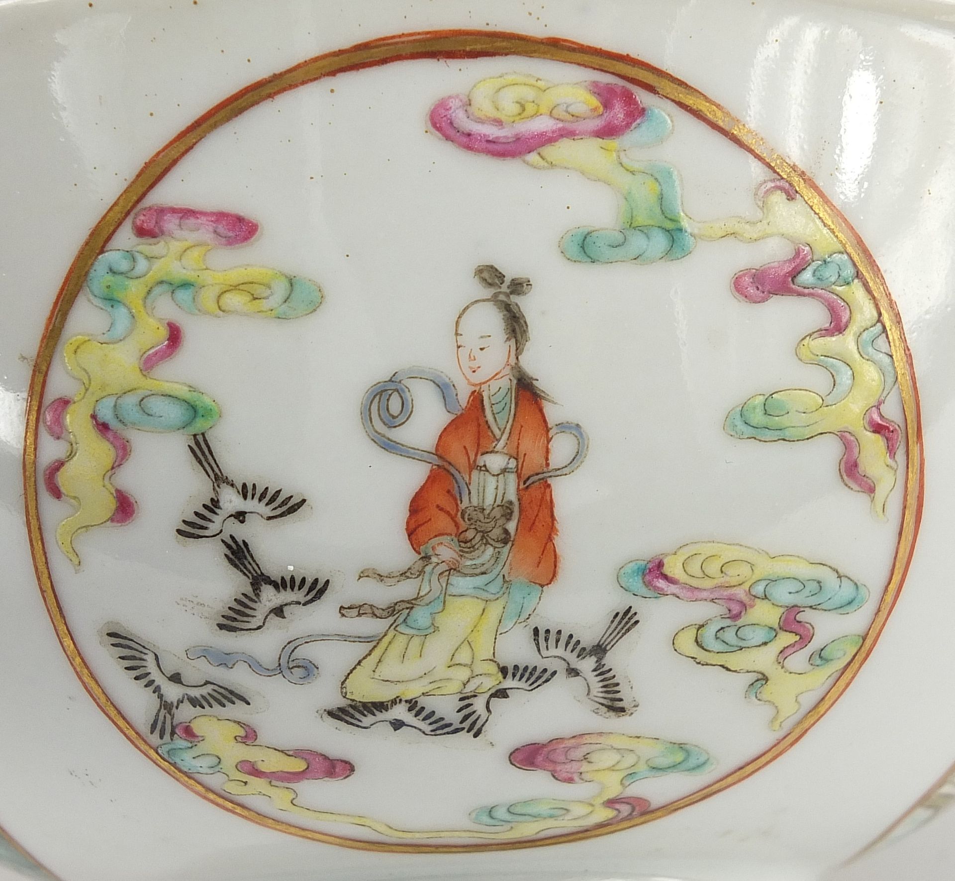 Chinese porcelain bowl hand painted in the famille rose palette with panels of figures, birds and - Image 8 of 13