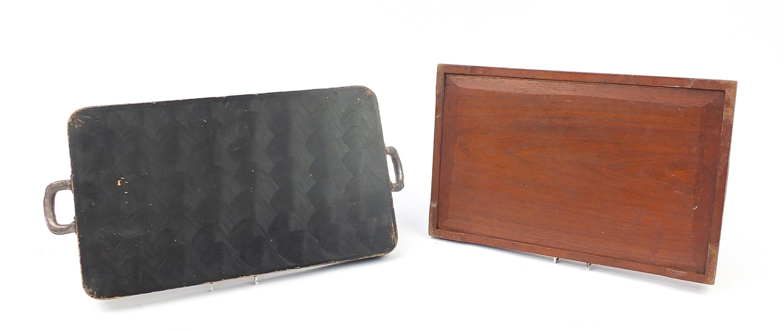 Two Japanese wooden trays, one lacquered in black and having white metal handles, the other having - Image 4 of 4